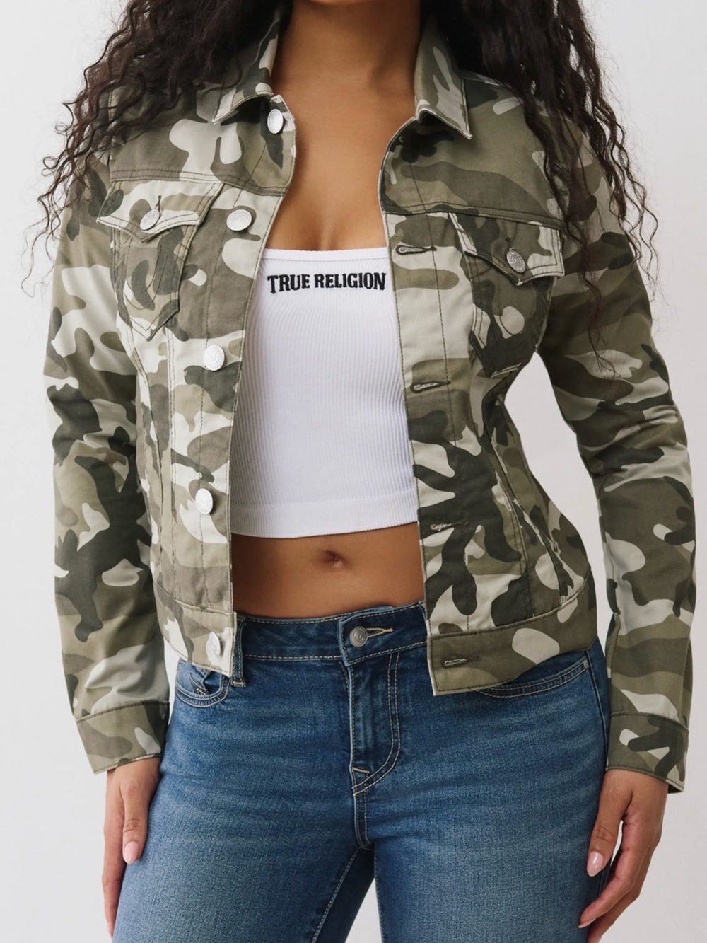 True Religion Olive Camo Jean Trucker Jacket Size M